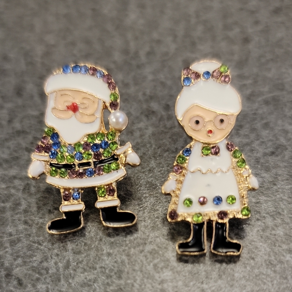 Colorful Rhinestone Santa and Mrs. Claus Earrings